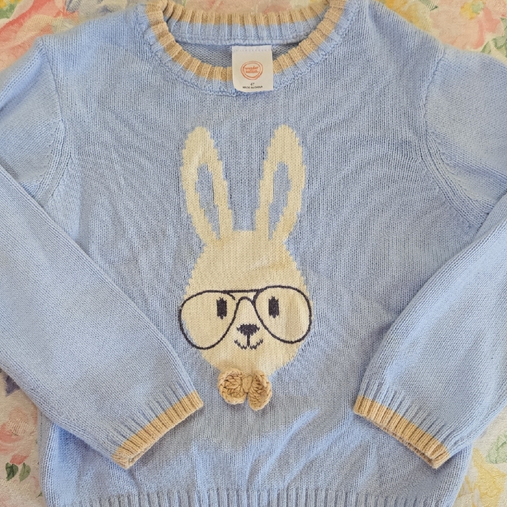 wonder nation Light Blue Bunny Sweater with Cream Bunny and Tan Trim